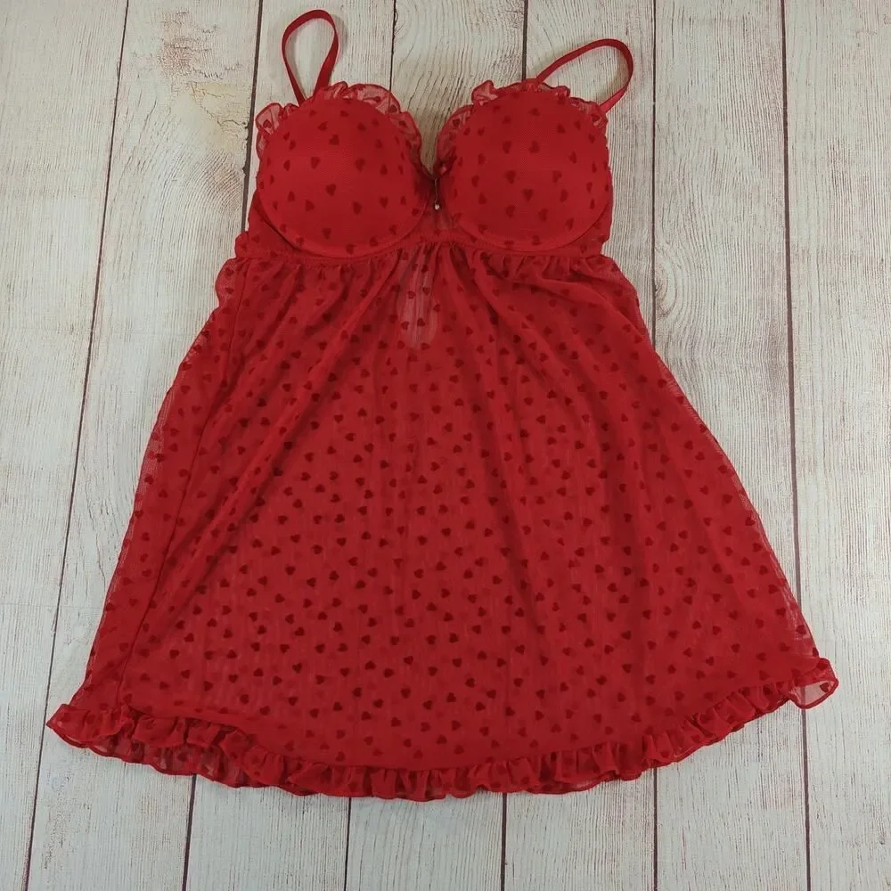 I Heart You red sheer mesh babydoll lingerie sz M